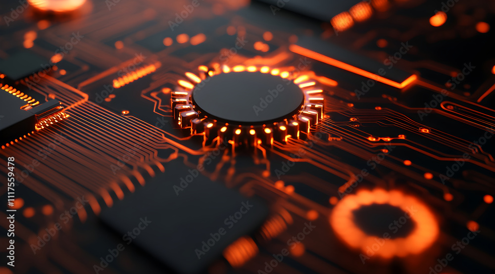 Poster a close-up view of a circuit board with glowing orange components, showcasing intricate electronic p
