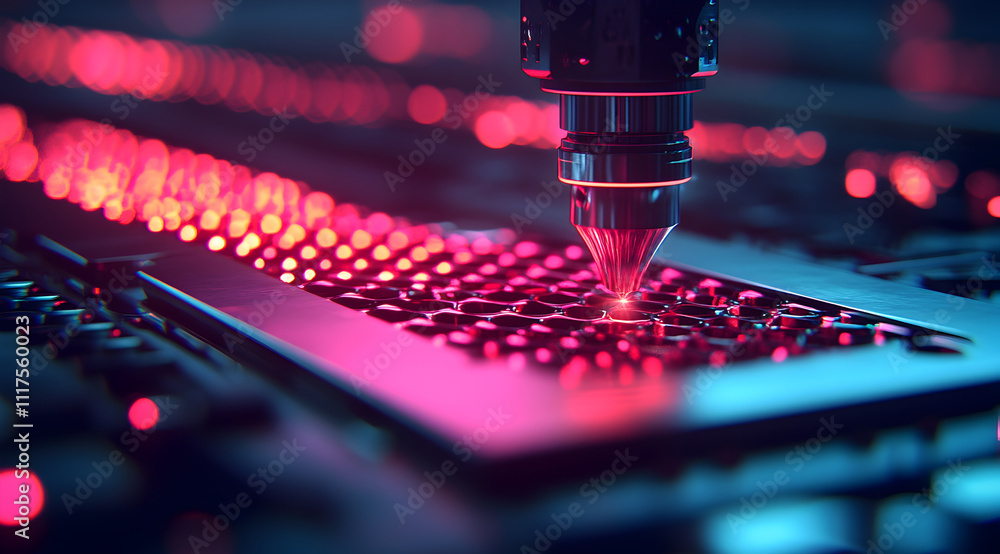 Poster a close-up view of a laser engraving machine working on a keyboard, illuminated by red and blue ligh