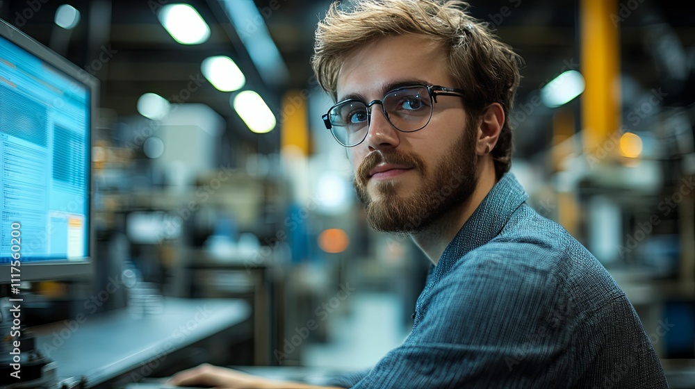 Poster young engineer working on computer in factory