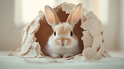 Obraz premium Nature concept playful rabbit from egg shell in close-up view