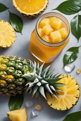 a jar of fresh Pine Apple juice with whole and sliced Pine Apple immersed in the drink. Ice cubes glisten on the surface