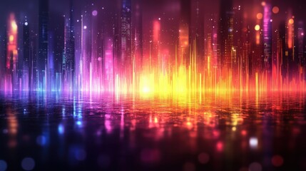 Fototapeta premium Vibrant City Skyline at Night with Colorful Light Reflections and Dynamic Wave Patterns in a Futuristic Urban Landscape