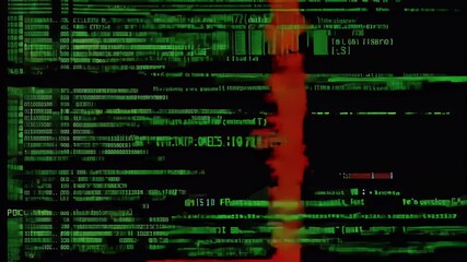 Chaotic lines of virus code running on a terminal, interspersed with flashing error messages and glitching animations.