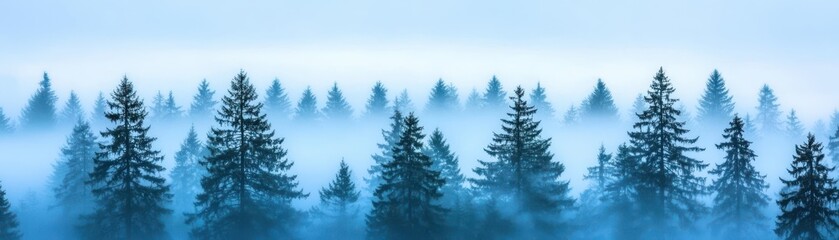 Naklejka premium A tranquil scene of misty blue-hued evergreen trees, creating a serene, atmospheric landscape.