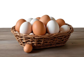 A wicker basket filled with various brown and white chicken eggs on a wooden surface