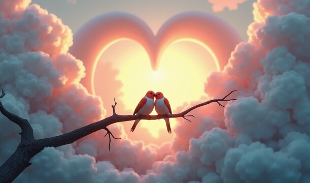 Lovebirds on a branch with heart-shaped clouds