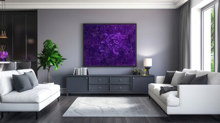 Stylish minimalist living room featuring charcoal grey TV stand, white sofa, royal purple wall art, contemporary decor, sleek home design, modern elegance