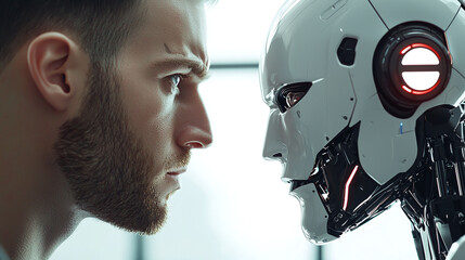 Fototapeta premium A man and an advanced humanoid robot with glowing red lights engage in an intense face-off, symbolizing human and artificial intelligence confrontation