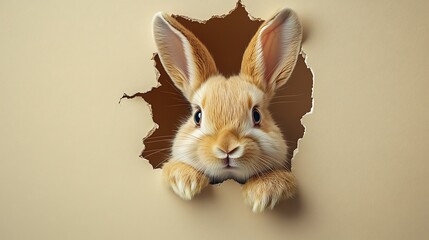 Obraz premium Curious rabbit peeking through wall hole indoor animal photography
