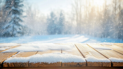 winter blue landscape of alps and brown old table of wood and snow place