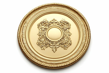A decorative, ornate golden plaque with intricate designs and a central circular area.