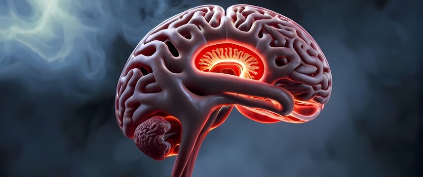 D rendering of an aneurysm in the cerebral artery with surrounding brain tissue