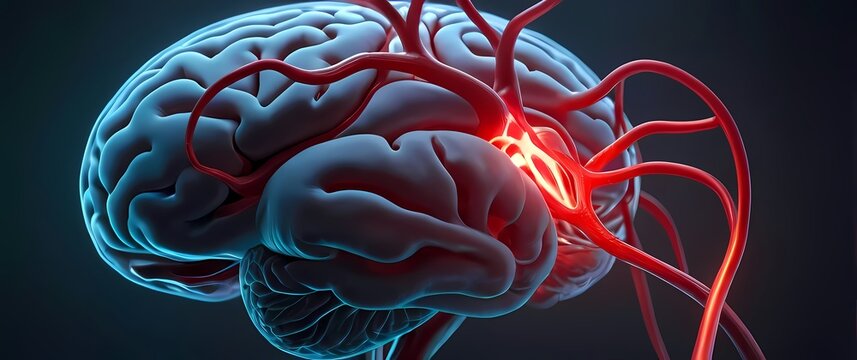 D rendering of an aneurysm in the cerebral artery with surrounding brain tissue