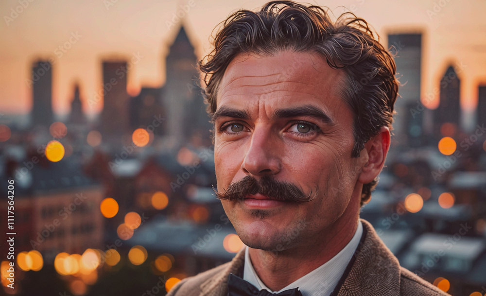 Poster Man with a mustache and a tie is standing in front of a city. He is looking at the camera