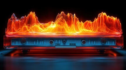 Abstract Audio Visualization with Bright Flame-Like Waves Over a Transparent Sound Device Displaying Energy and Rhythm in a Modern Digital Art Style