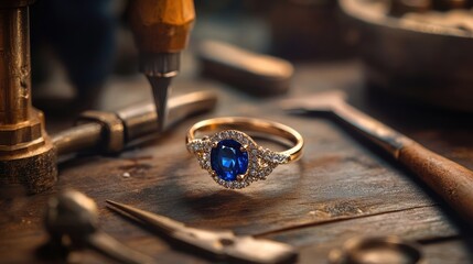 A master jeweler skillfully setting gems in a sapphire diamond ring, surrounded by professional tools --ar 16:9 --v 6.1 Job ID: 38d63e51-190d-477b-b88b-0a9f6121278d