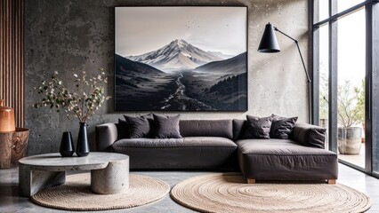 Generative AI, Contemporary living room with charcoal velvet sofa and dramatic mountain artwork