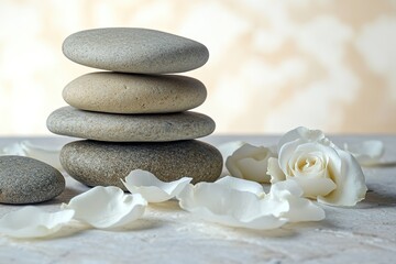 Fototapeta premium pile of stones on light background with blurred white rose petals symbolizing collective mourning for holocaust memorial