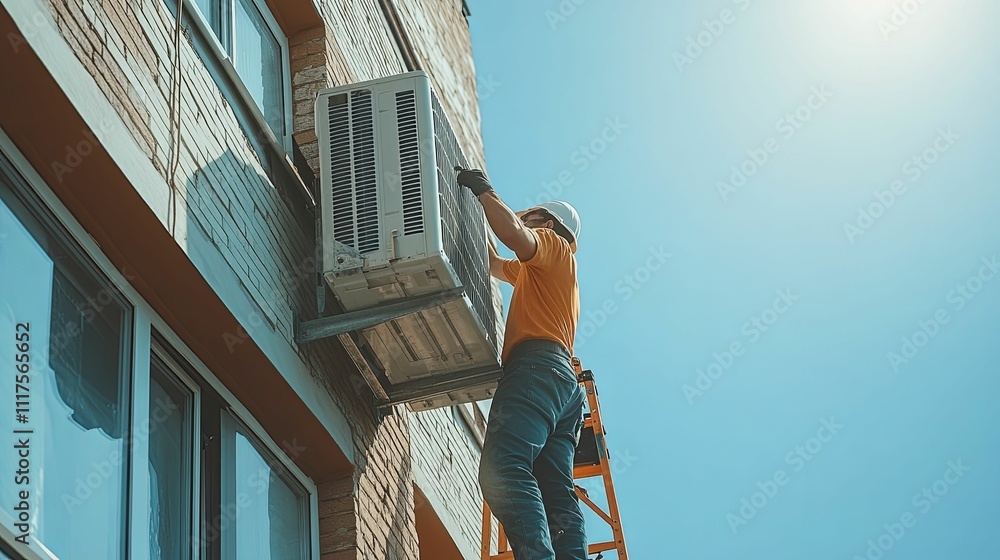 Aufkleber technician installing an air conditioning unit on a building