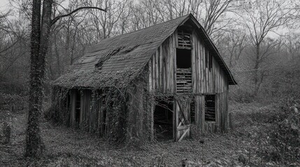 Obraz premium Overgrown Rustic Wooden Barn in a Winter Forest