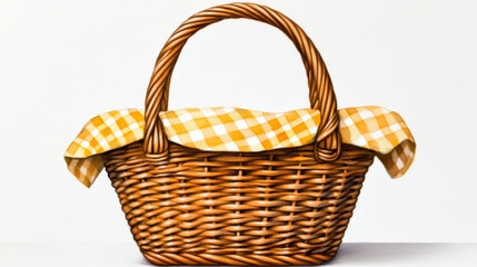 Obraz premium beautifully crafted wicker basket with golden yellow plaid lining, perfect for picnics or storage. Its intricate design adds charming touch to any setting