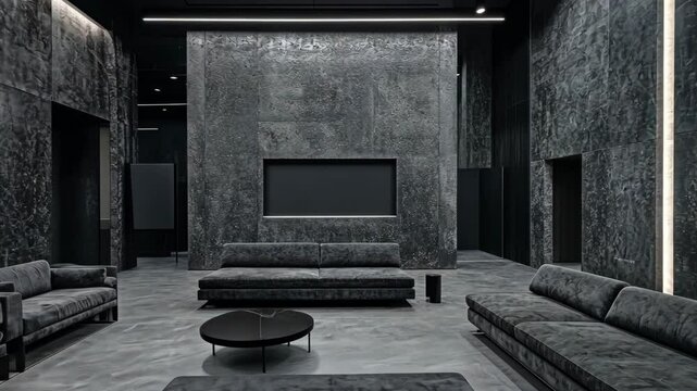 Modern interior design featuring minimalist black furniture in a spacious lounge area with striking stone walls and ambient lighting