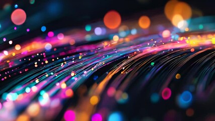Colorful fiber optic light streaks flow dynamically through dark space, surrounded by glowing bokeh, evoking a futuristic atmosphere.