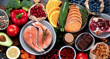 Anti aging menu on dark gray background. High in antioxidants, minerals and vitamins.