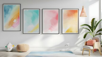 Mock up posters and a vibrant lamp in a child's room with a white wall