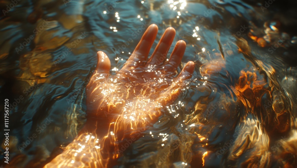 Poster a close-up of a hand reaching out beneath the surface of water, illuminated by soft sunlight and spa