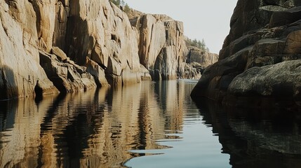 Serene Water Reflects Towering Rocky Cliffs