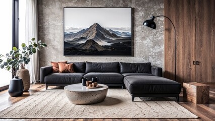 Generative AI, Contemporary living room with charcoal velvet sofa and dramatic mountain artwork
