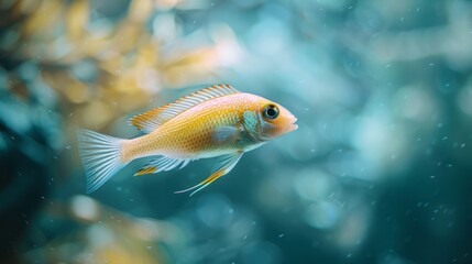 A vibrant fish gracefully swims in blue water, surrounded by a bokeh background in an underwater.