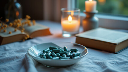 A white bowl filled with magnesium supplements sits on a table next to an open book, evoking a sense of relaxation or study.