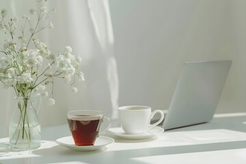 Fototapeta premium A white laptop sits on a table next to a cup of tea and a vase of flowers