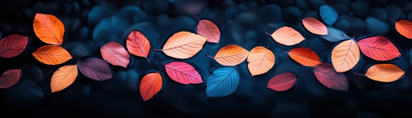 A vibrant array of autumn leaves in various colors arranged beautifully against a dark background.