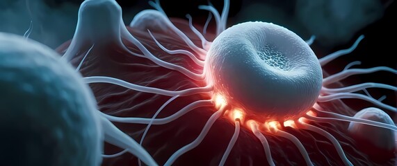 Closeup of a white blood cell engulfing a bacterial invader