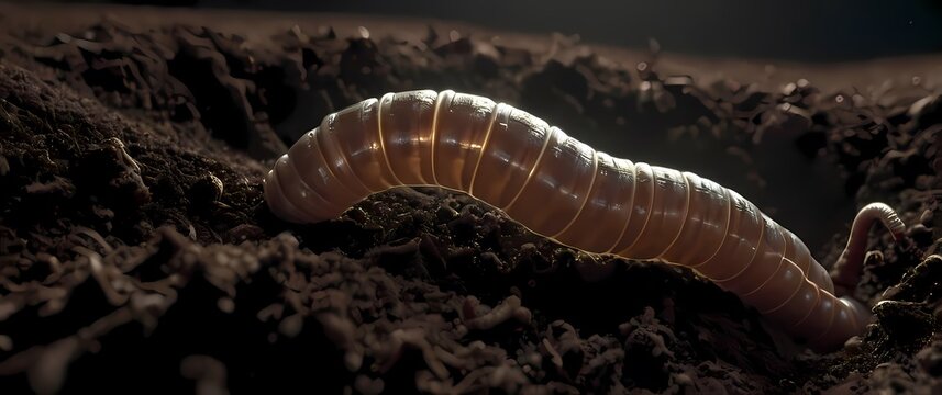 Closeup of a worm burrowing into fresh soil emphasizing its segmented body