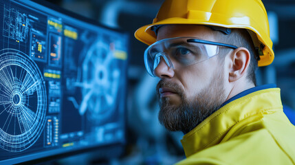 Engineer wearing protective gear analyzing technical designs on computer