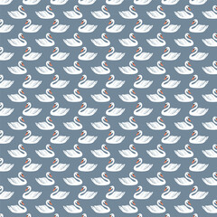 Fototapeta premium Swan Pattern Design, repeating pattern of swans. Each swan is depicted in a stylized manner with beige feathers, an orange beak, and black accents around the eyes. The swans are arranged in a diagonal
