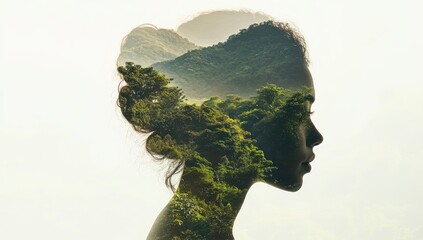 Beautiful double exposure portrait of a woman with lush green forests and mountain landscape blending through her silhouette against a soft misty background