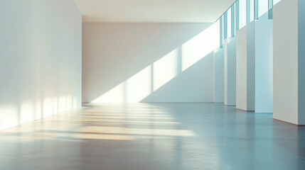 Fototapeta premium Minimalistic empty room with large windows casting natural light and shadows on a polished floor, highlighting a serene and modern architectural design.