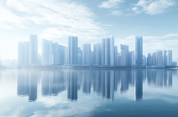 Fototapeta premium Modern urban skyline with sleek architecture reflecting on calm waters, representing economic prosperity and vibrant city life. Ideal for real estate and CBD concepts.