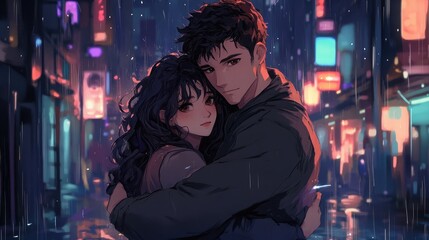 An anime-style illustration of a tall, handsome man with short hair and brown eyes hugging his beautiful woman girlfriend