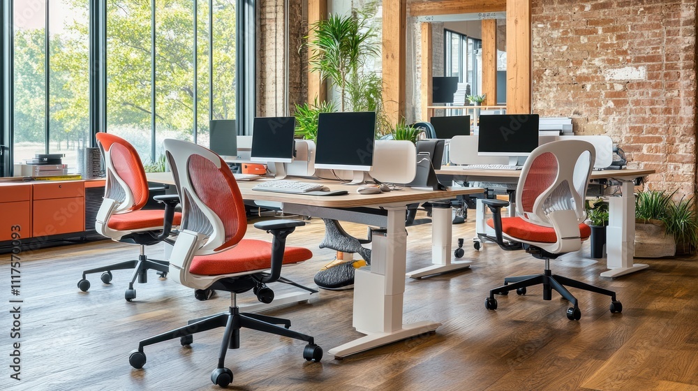 Poster modern office workspace with ergonomic chairs and computers