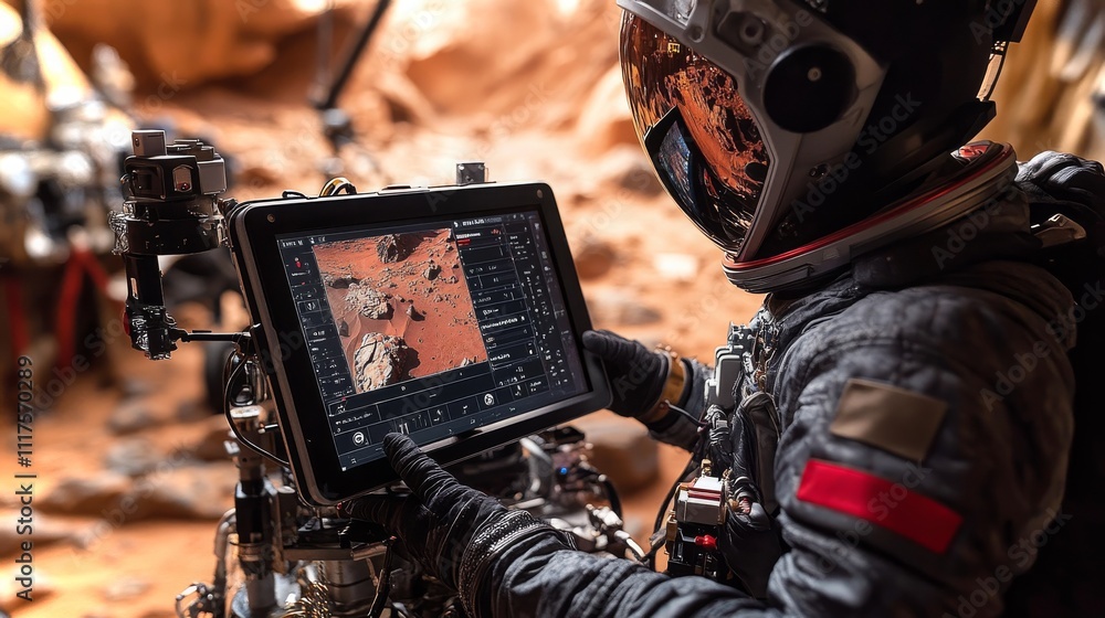 Poster astronaut explores alien terrain while using a tablet for data analysis in space