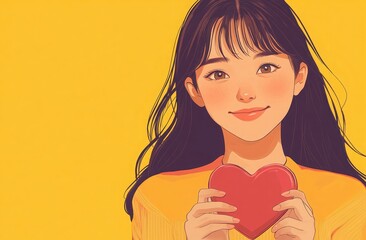 An Asian girl holding a heart-shaped box, with a smiling face, against a simple background, in an anime style,