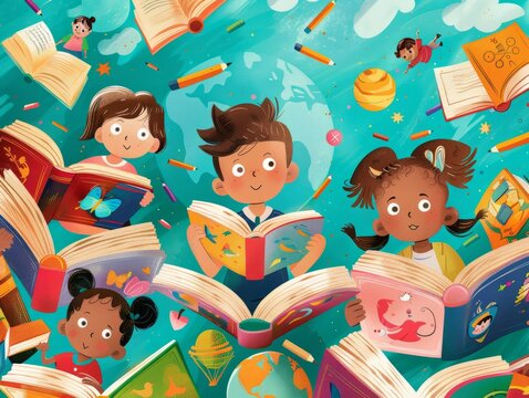 Celebrating International Children’s Book Day with Diverse Children Joyfully Reading Books.