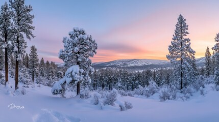 Snow Covered Pine Trees at Sunrise Winter Landscape