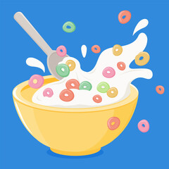Bowl of colorful breakfast cereal, a spoon and milk spilling on the table. Cereal ring cornflakes and milk splashes in blue background. Vector illustration